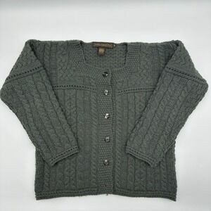 Inis Crafts Merino Wool Cable Knit Cardigan Sweater Green Ireland Womens Medium